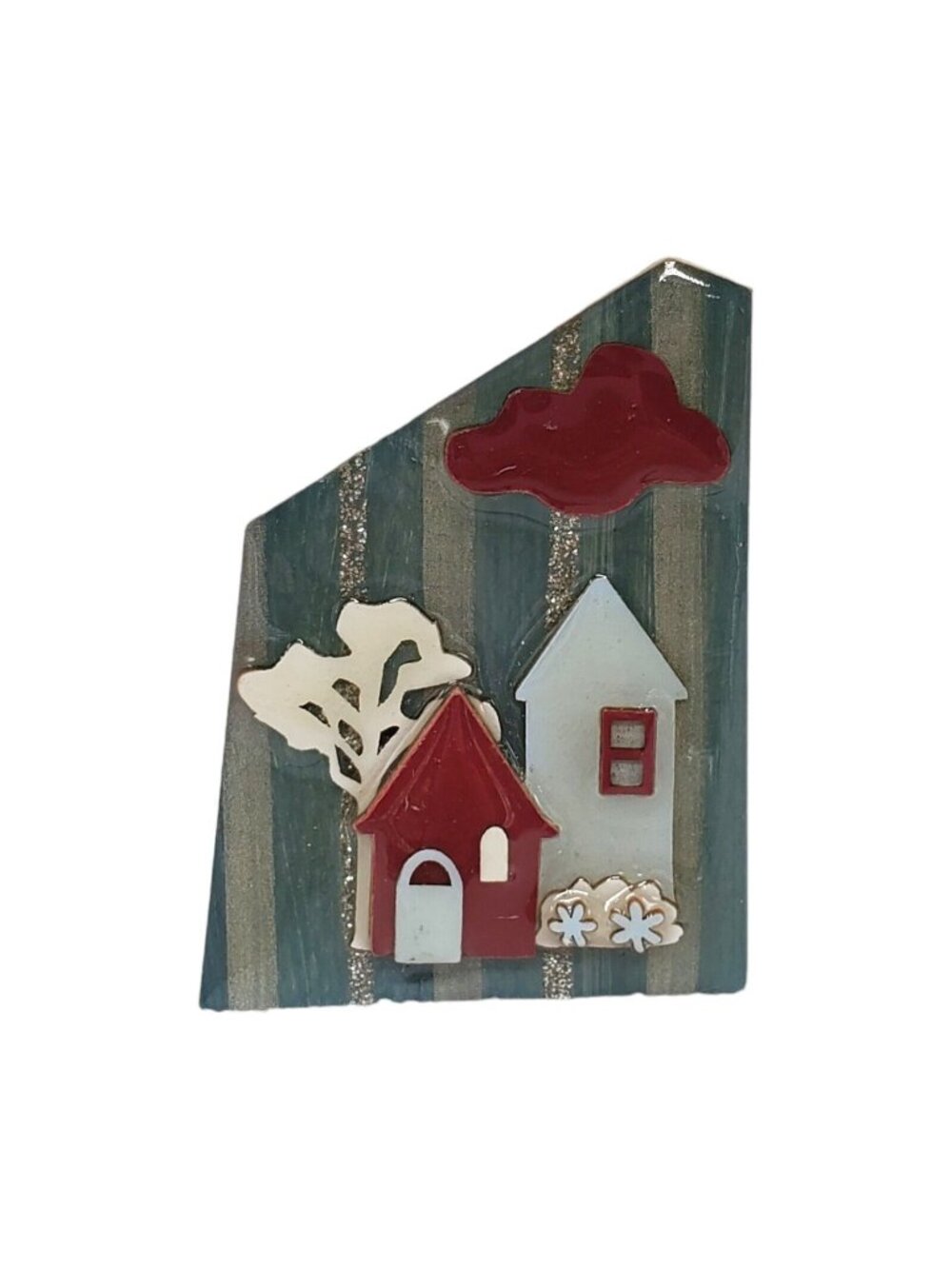Vtg House Pins By Lucinda Brooch Blue Stripe Red White Cloud Tree Resin Artisan